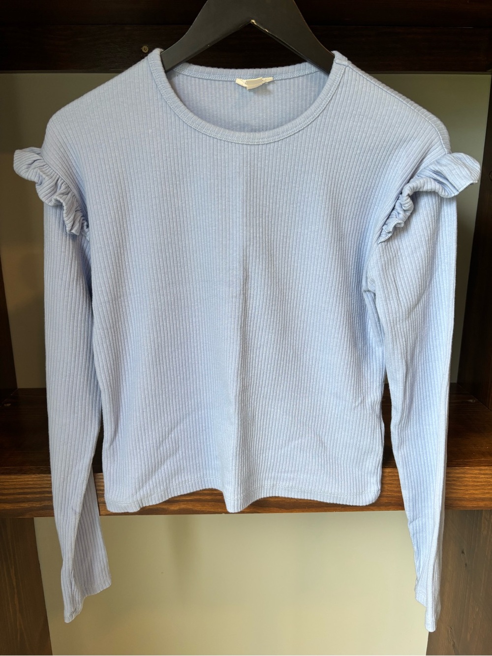 Crewcuts Light Blue Ribbed Long-Sleeve Top with Ruffle Shoulders